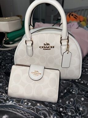 Coach White Signature Mini Dome Satchel with Matching Wallet and Charm